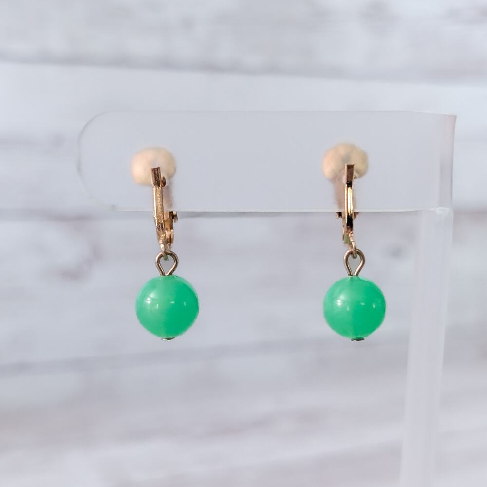 Vintage Clip On Earrings Green Ball Dangle Retro